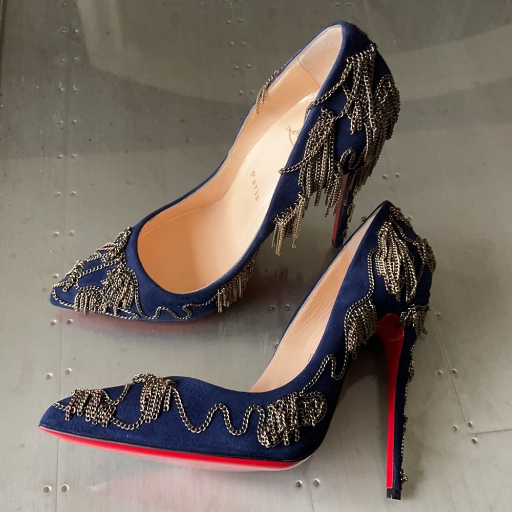Christian louboutin dollyparty navy satin chain stiletto sz 38 120mm $2495 - Picture 4 of 9